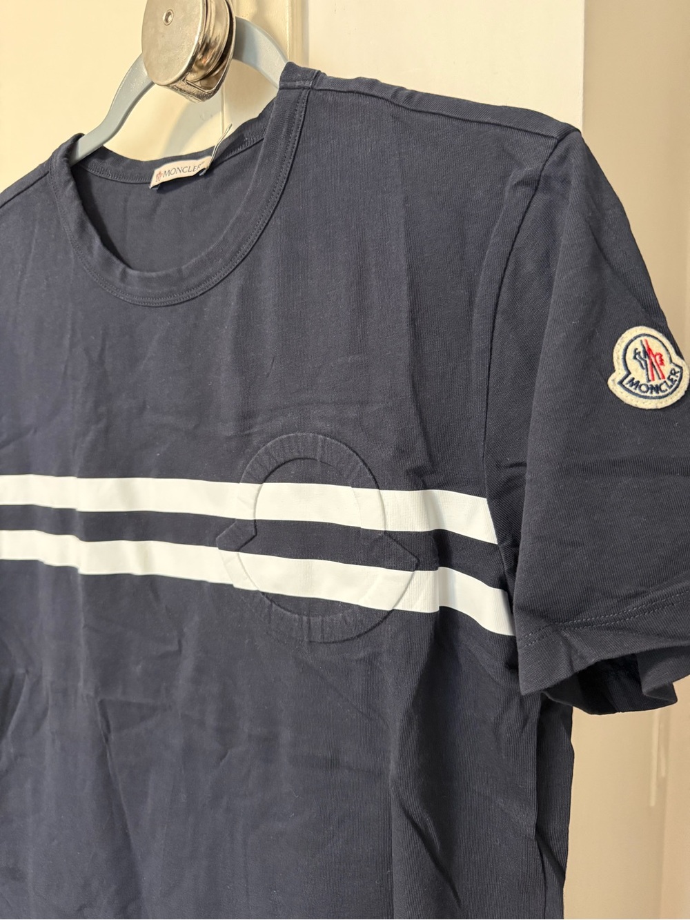 Moncler Men’s Navy Stripe Logo T-Shirt